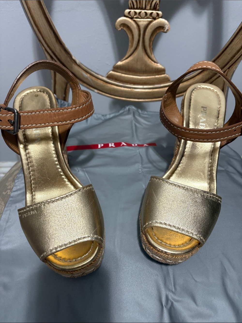Prada Metallic Gold Leather Wedge Sandals with Brown Ankle Straps